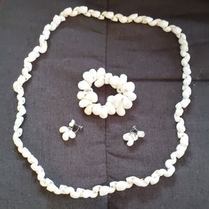 White Shell Necklace, Bracelet and Clip Ear Rings